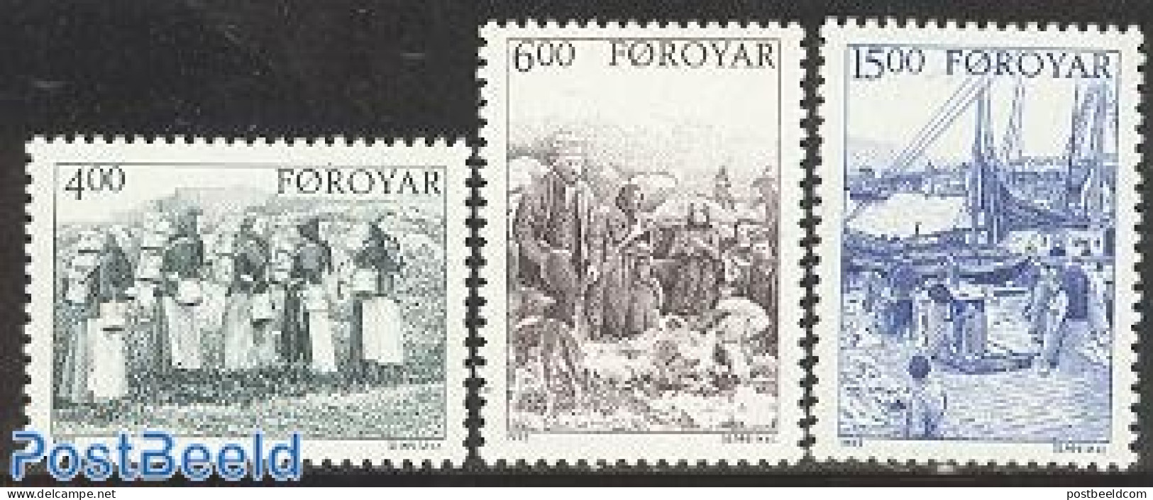 Faroe Islands 1995 Life Around 1900 3v, Mint NH, Nature - Transport - Cattle - Dogs - Fishing - Ships And Boats - Fische