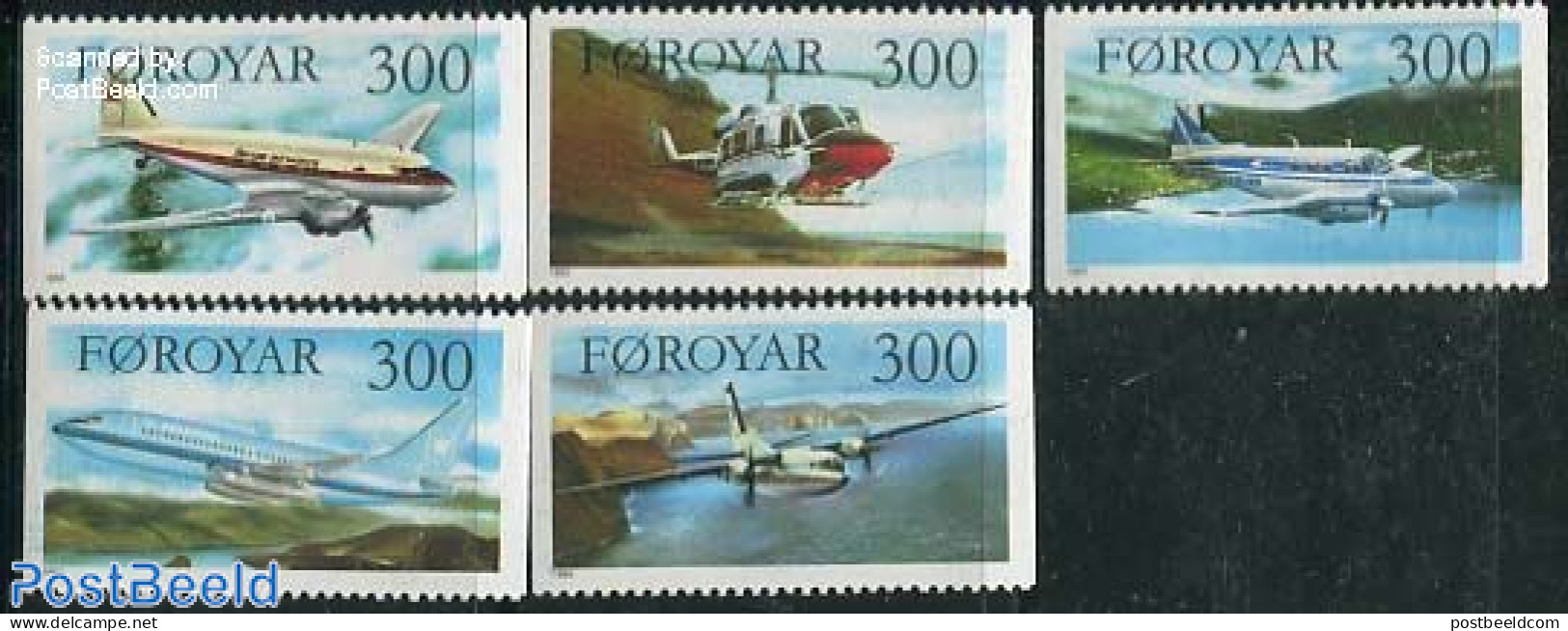 Faroe Islands 1985 Aeroplanes 5v, Mint NH, Transport - Helicopters - Aircraft & Aviation - Helicópteros