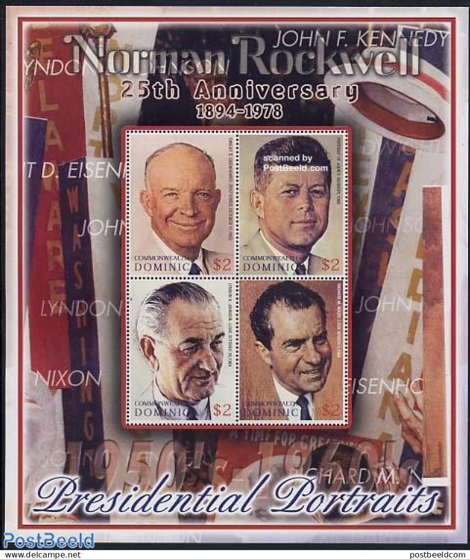 Dominica 2003 Rockwell, Presidents 4v M/s, Mint NH, History - American Presidents - Art - Modern Art (1850-present) - .. - Dominican Republic