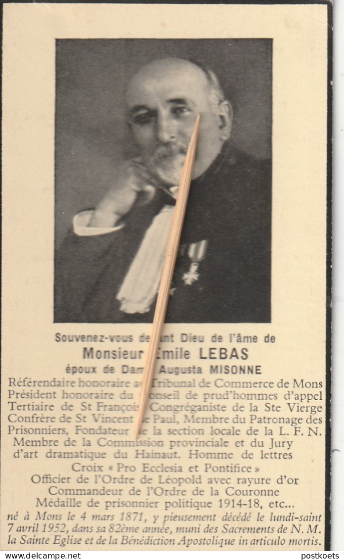 Mons, Emile Lebas, Misonne, Prisonnier Politique : 1914-18 - Images Religieuses