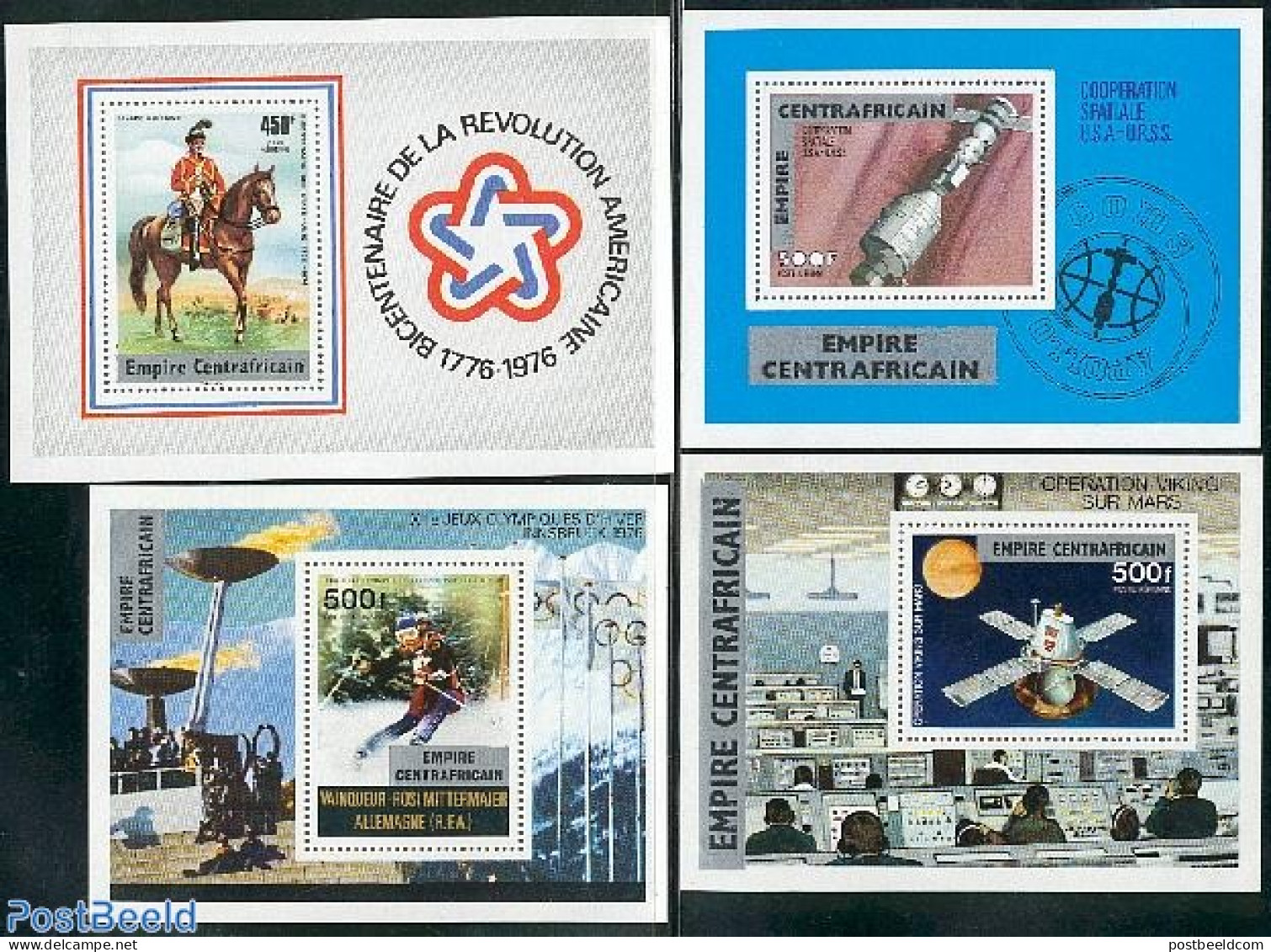 Central Africa 1977 Overprints 4 S/s, Mint NH, History - Nature - Sport - Transport - US Bicentenary - Horses - Olympi.. - Centrafricaine (République)