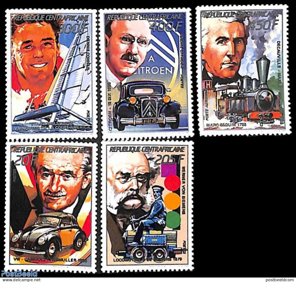 Central Africa 1989 Transports 5v, Mint NH, Sport - Transport - Sailing - Automobiles - Railways - Sailing