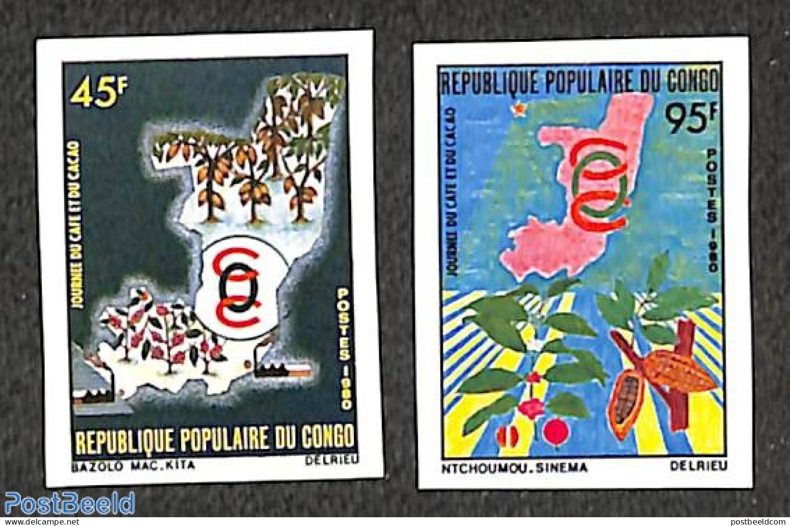 Congo Republic 1980 Coffee & Cacao 2v, Imperforated, Mint NH, Various - Agriculture - Maps - Landbouw