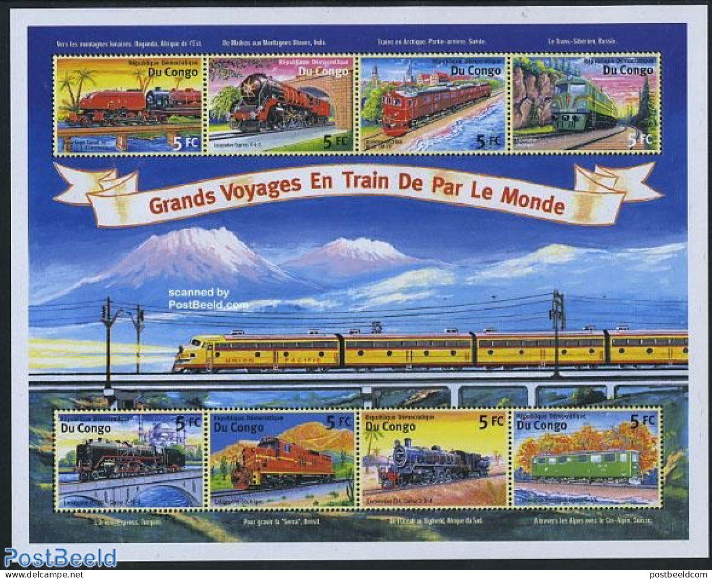 Congo Dem. Republic, (zaire) 2001 Railways 8v M/s (8x5FC), Mint NH, Transport - Railways - Art - Bridges And Tunnels - Trains