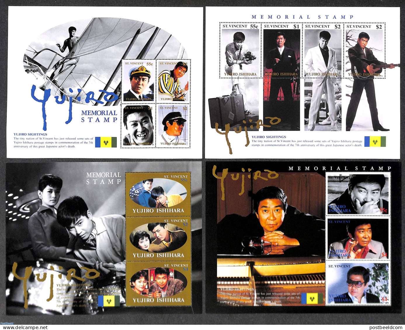 Saint Vincent 1993 Yujiro Ishihara 4 S/s, Mint NH, Performance Art - Transport - Film - Movie Stars - Music - Ships An.. - Cinéma