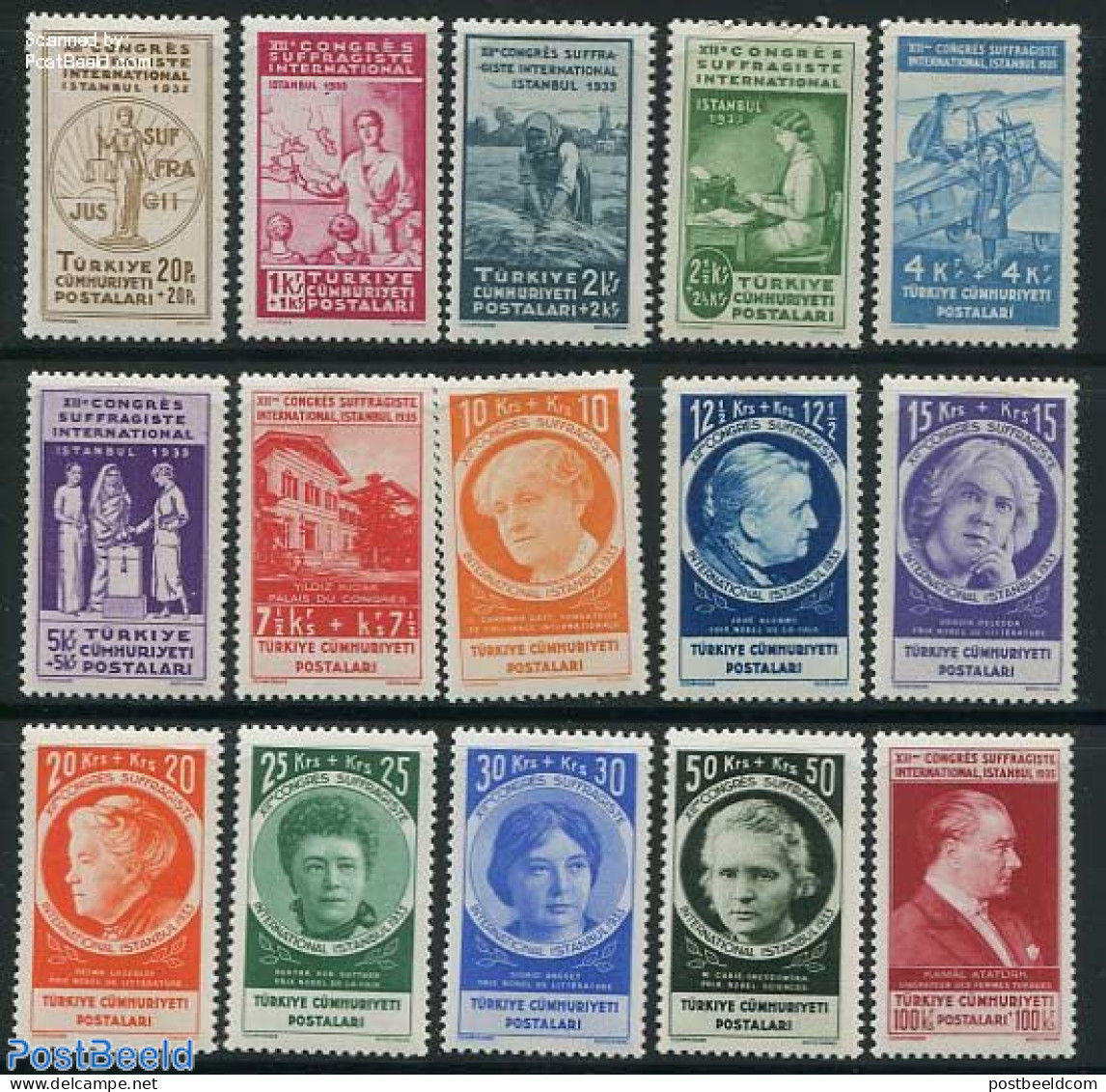 Turkey 1935 Woman Congress 15v, Mint NH, History - Science - Transport - Various - Nobel Prize Winners - Women - Educa.. - Other & Unclassified