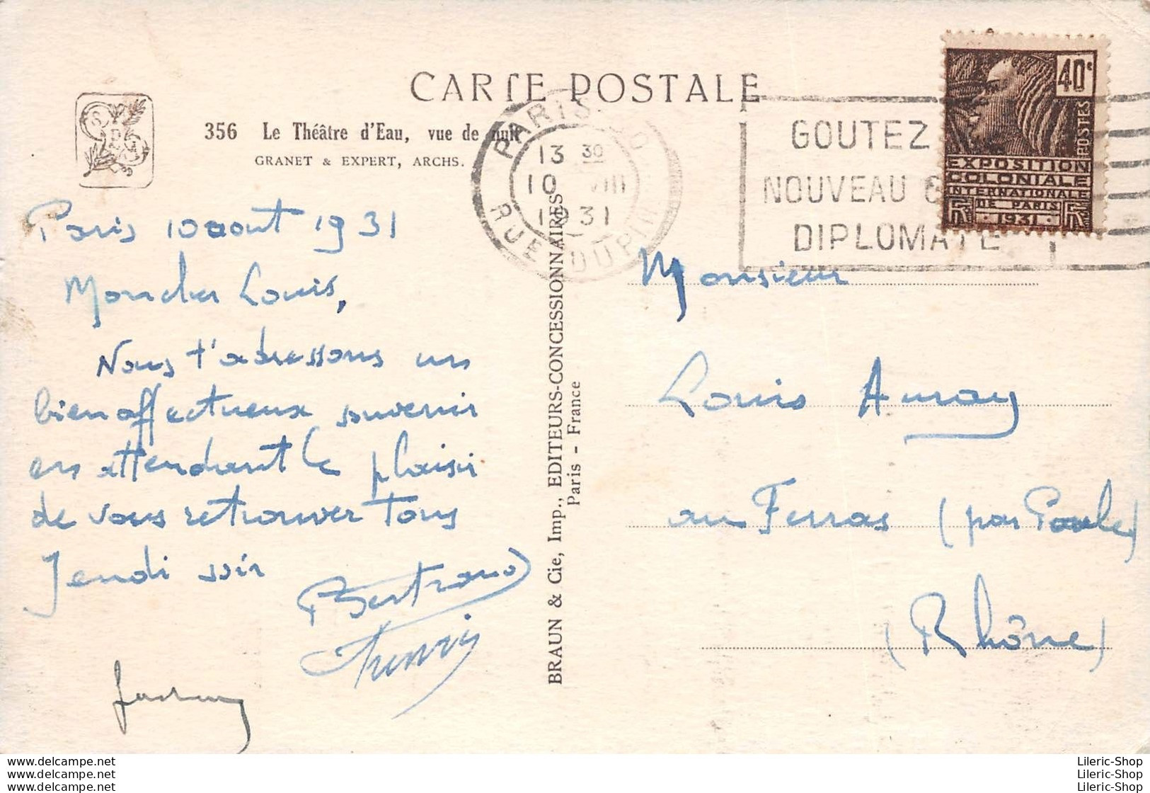 PARIS►75►CPA► EXPOSITION COLONIALE INTERNATIONALE 1931 LE THÉÂTRE D'EAU- ARCHITECTES GRANET & EXPERT►ÉDIT. BRAUN - Mostre