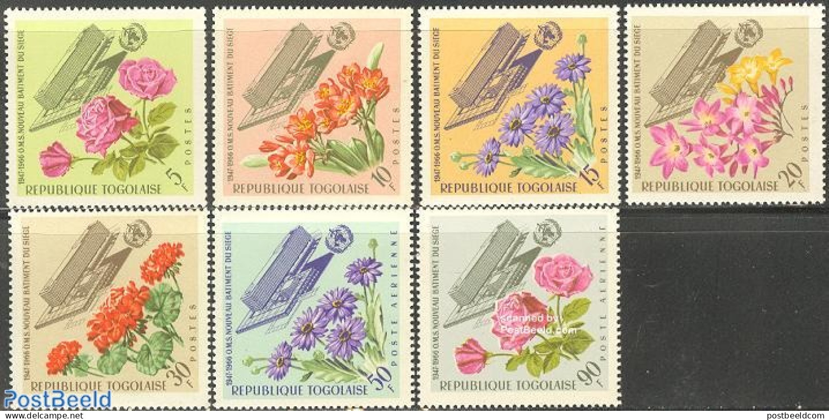 Togo 1966 New WHO Building 7v, Mint NH, Health - Nature - Health - Flowers & Plants - Roses - Art - Architecture - Togo (1960-...)