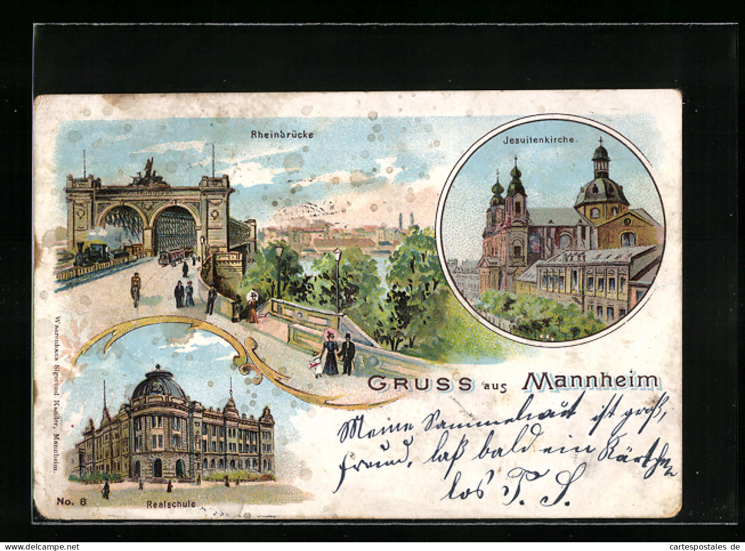 Lithographie Mannheim, Rheinbrücke, Jesuitenkirche, Realschule  - Mannheim