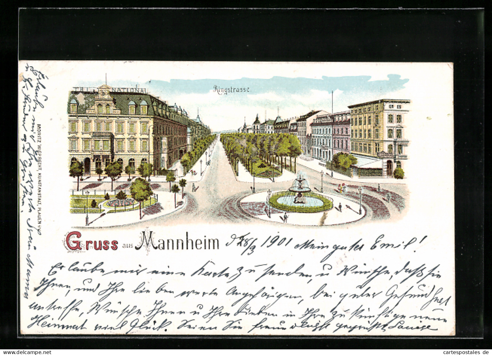 Lithographie Mannheim, Ringstrasse, Hotel National  - Mannheim