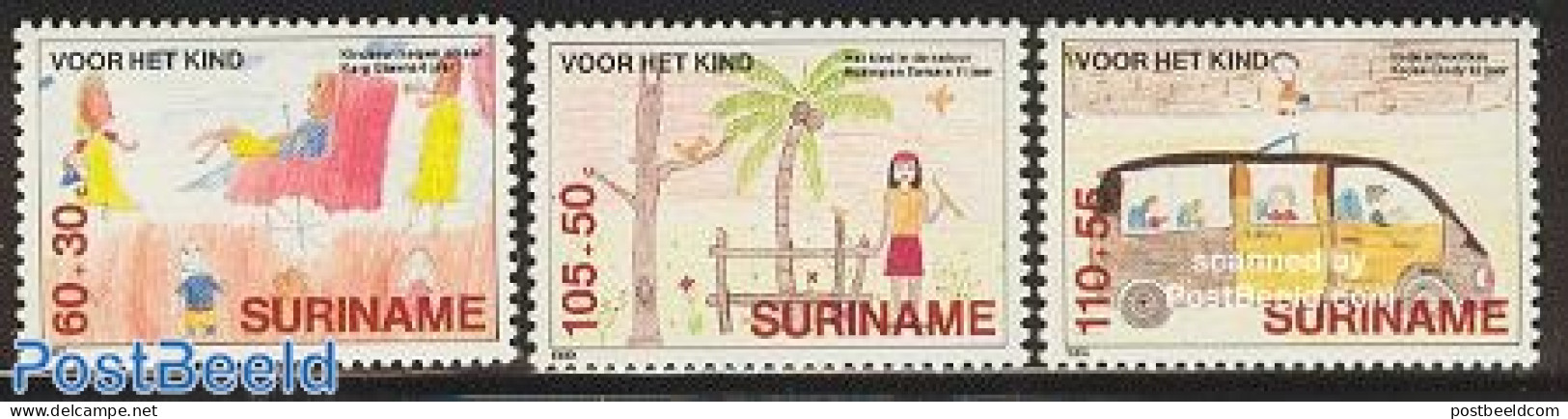 Suriname, Republic 1989 Child Welfare 3v, Mint NH, Transport - Automobiles - Art - Children Drawings - Cars