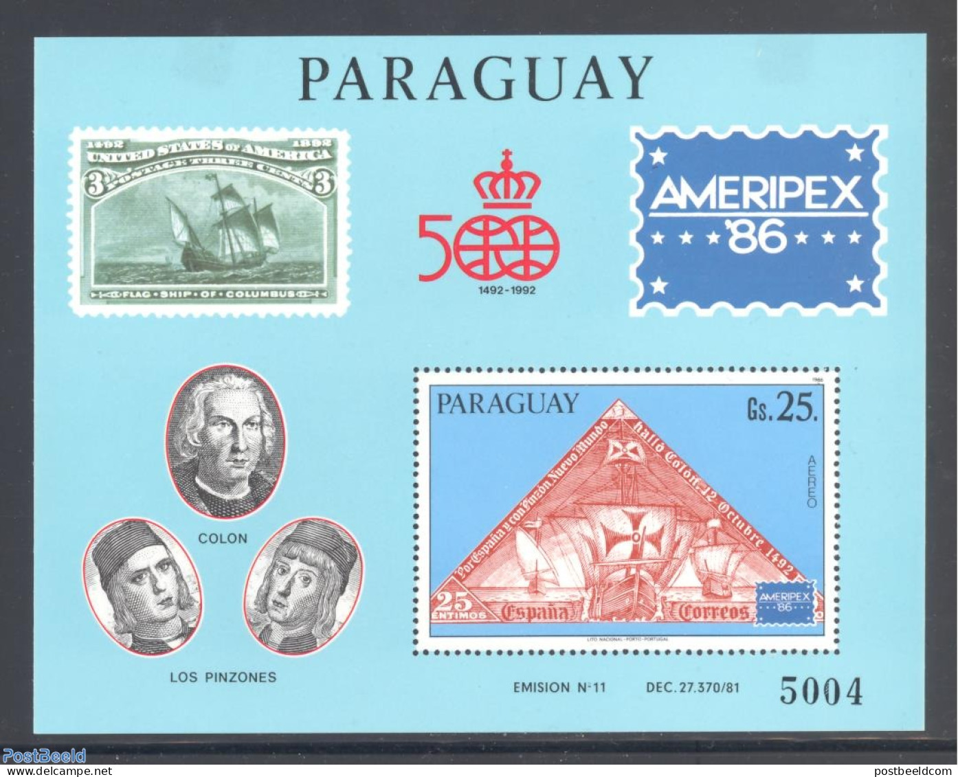 Paraguay 1986 Ameripex S/s, Mint NH, Transport - Stamps On Stamps - Ships And Boats - Stamps On Stamps