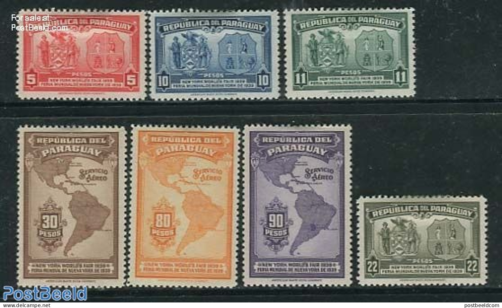 Paraguay 1939 New York World Expo 7v, Mint NH, History - Various - Coat Of Arms - Maps - Géographie