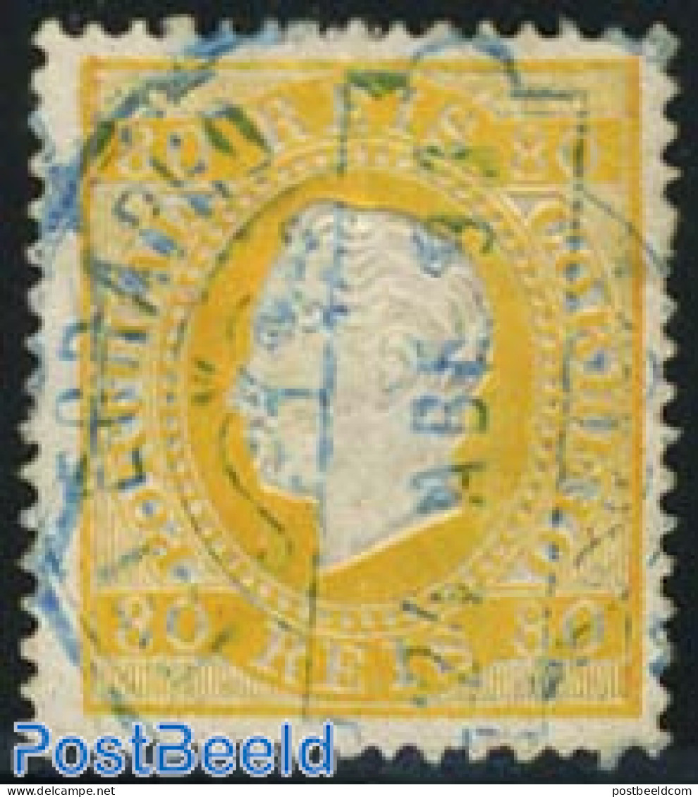 Portugal 1870 80R. Yellow, Smooth Paper, Perf. 12.5, Used, Used Stamps - Used Stamps