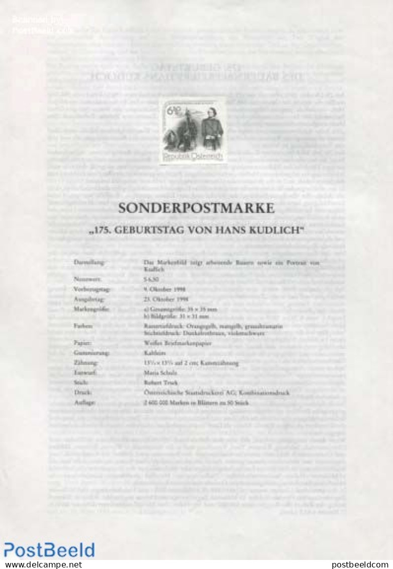 Austria 1998 HANS KUDLICH 1 BLACKPRINT, Mint NH, History - Various - Politicians - Agriculture - Nuovi