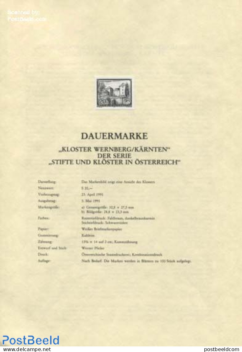 Austria 1991 WERNBERG ABBEY BLACKPRINT, Mint NH, Religion - Cloisters & Abbeys - Neufs