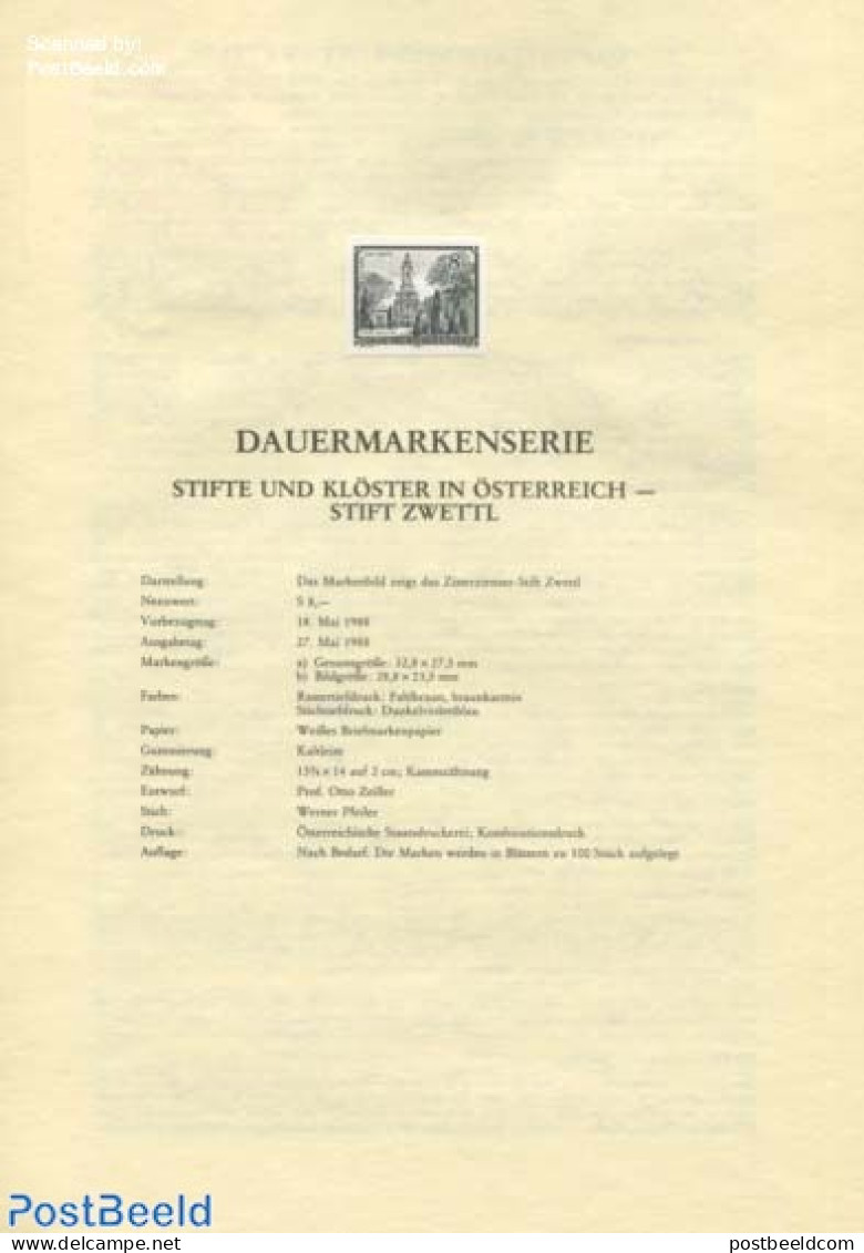 Austria 1988 DEF./ZWETTL 1V BLACKPRINT, Mint NH, Religion - Cloisters & Abbeys - Nuevos