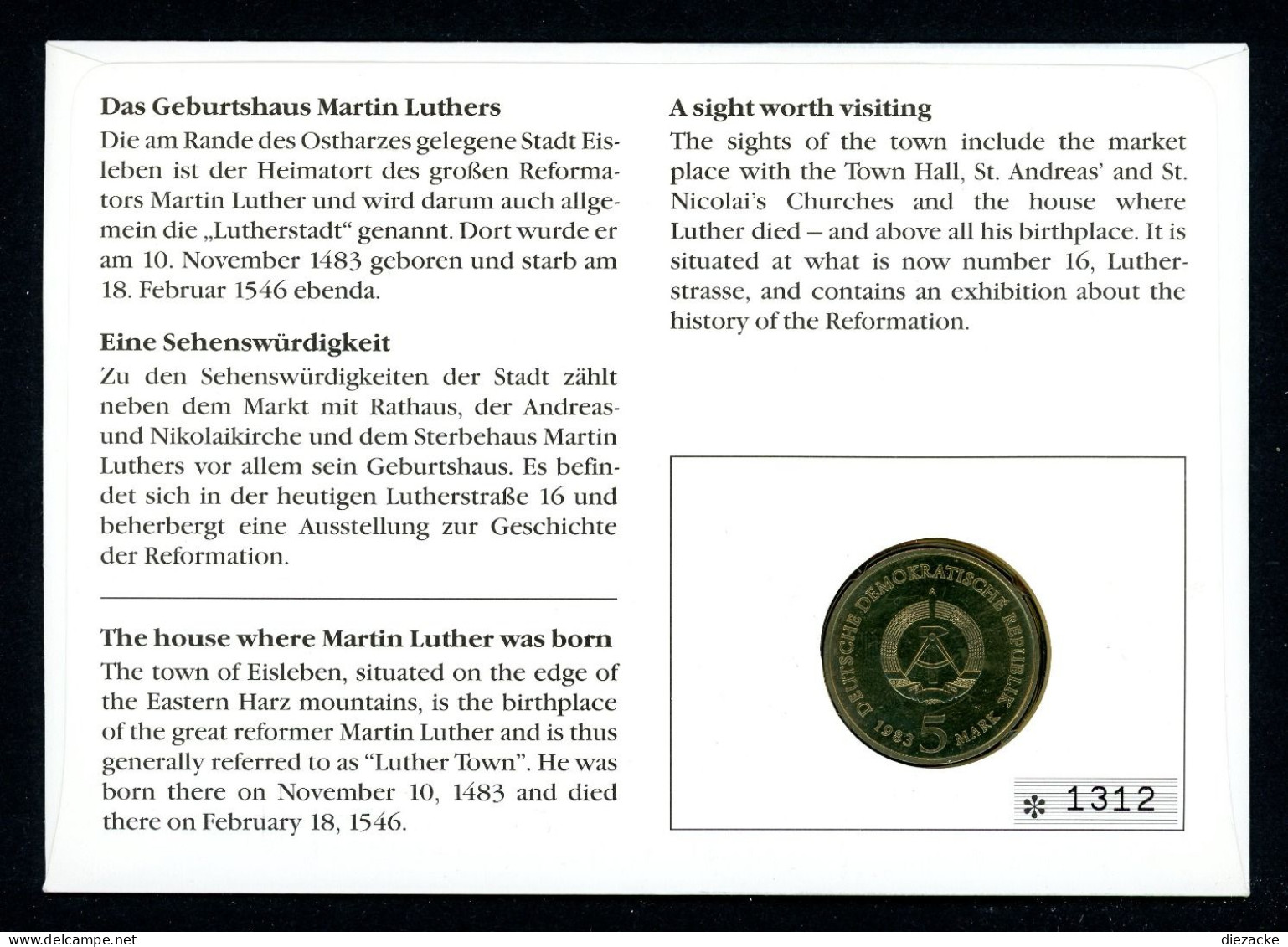 DDR 1993 Numisbrief 5 Mark Luthers Geburtshaus - Worbes 184 B ST (Num099 - Ohne Zuordnung