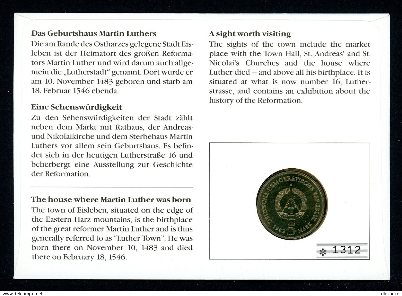 DDR 1993 Numisbrief 5 Mark Luthers Geburtshaus - Worbes 184 B ST (Num099 - Unclassified