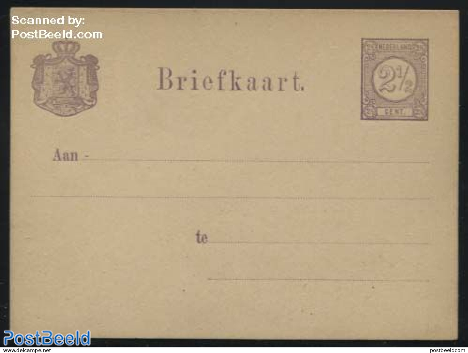 Netherlands 1877 Postcard 2.5c, Chamois Paper, Coat Of Arms Wide Lined, Unused Postal Stationary - Brieven En Documenten