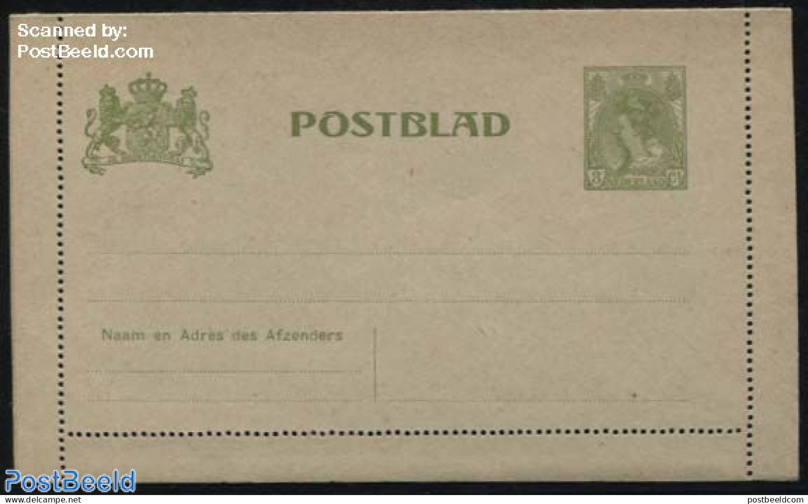 Netherlands 1907 Card Letter (Postblad) 3c Olive, Unused Postal Stationary - Covers & Documents