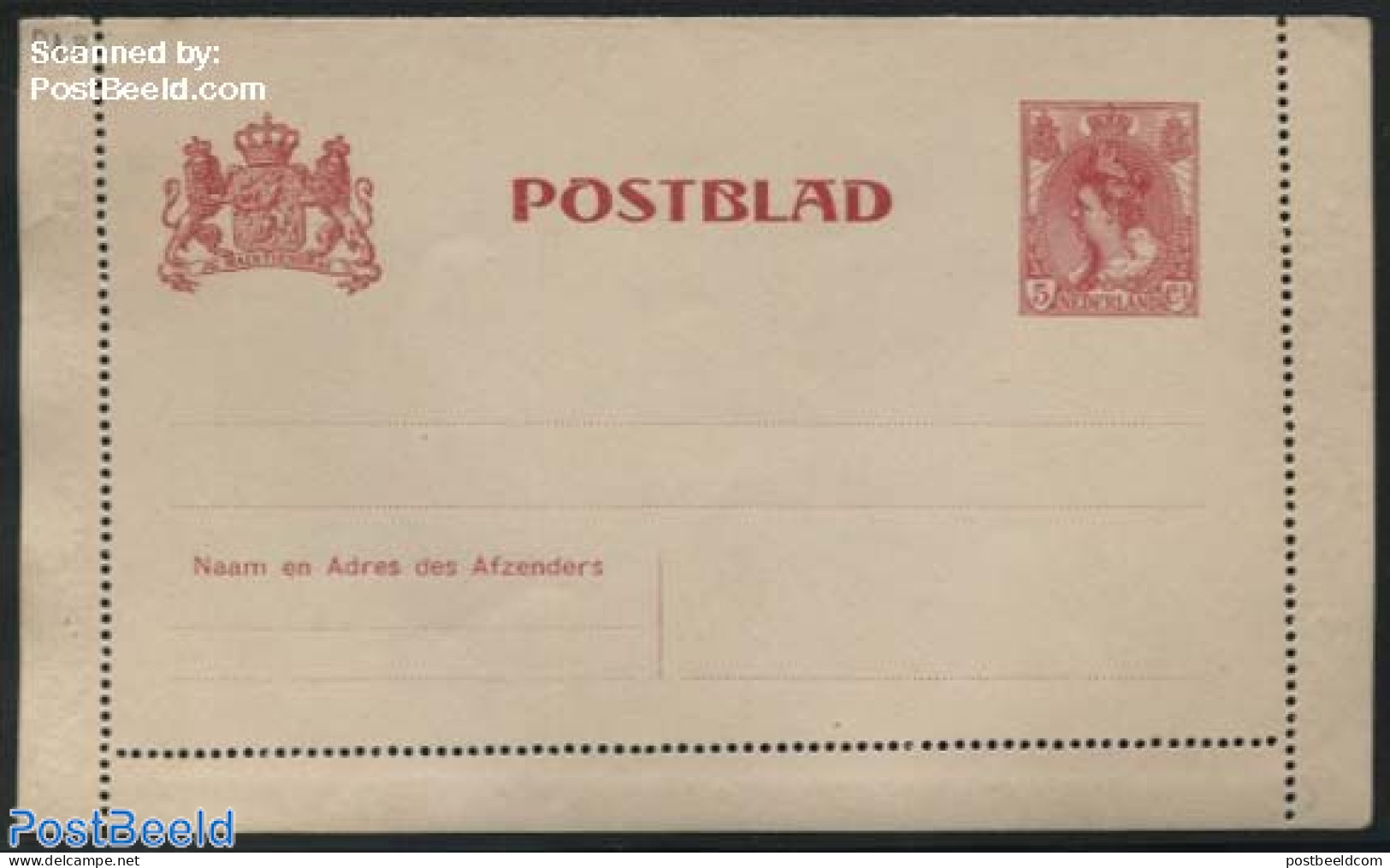 Netherlands 1906 Card Letter (Postblad) 5c Carmine On Pink Paper, Unused Postal Stationary - Covers & Documents