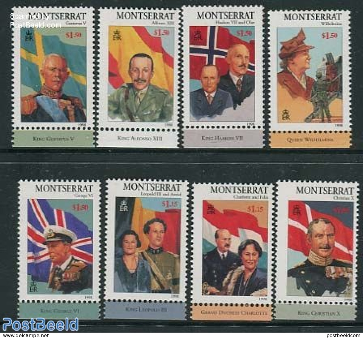 Montserrat 1998 European Monarchs 8v, Mint NH, History - Kings & Queens (Royalty) - Netherlands & Dutch - Koniklijke Families