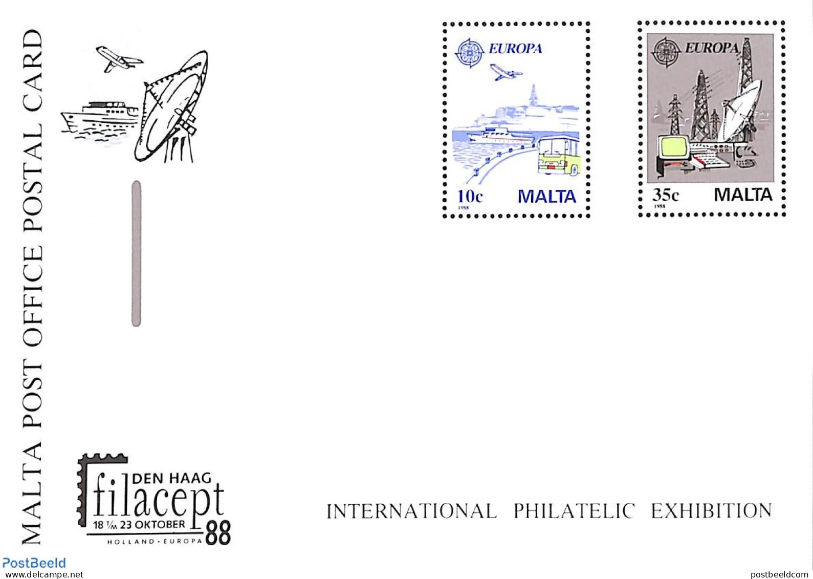 Malta 1988 Postcard, Europa, Filacept, Unused Postal Stationary, History - Science - Europa (cept) - Telecommunication.. - Télécom