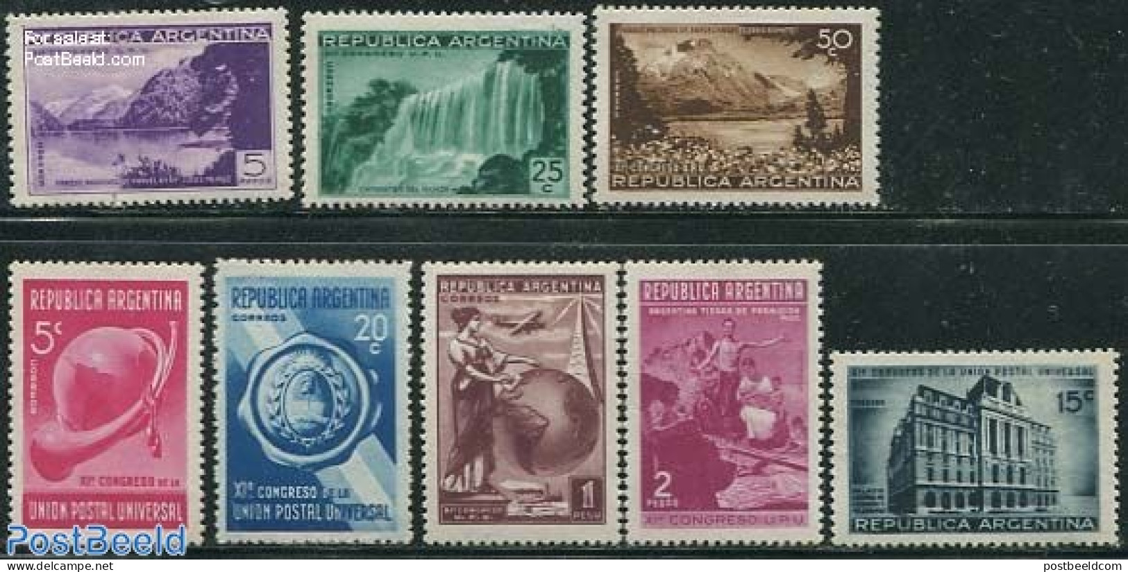 Argentina 1939 World Postal Congress 8v, Unused (hinged), Nature - Various - Water, Dams & Falls - U.P.U. - Globes - Nuevos