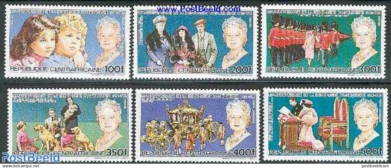 Central Africa 1985 Queen Mother 6v, Mint NH, History - Nature - Transport - Various - Kings & Queens (Royalty) - Dogs.. - Royalties, Royals