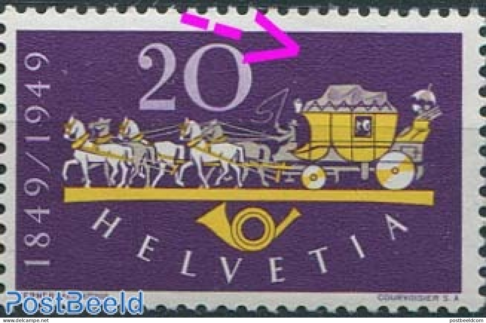 Switzerland 1949 20c, Plate Flaw, Stong Retouched Line Above Coach, Mint NH, Nature - Transport - Various - Horses - C.. - Neufs