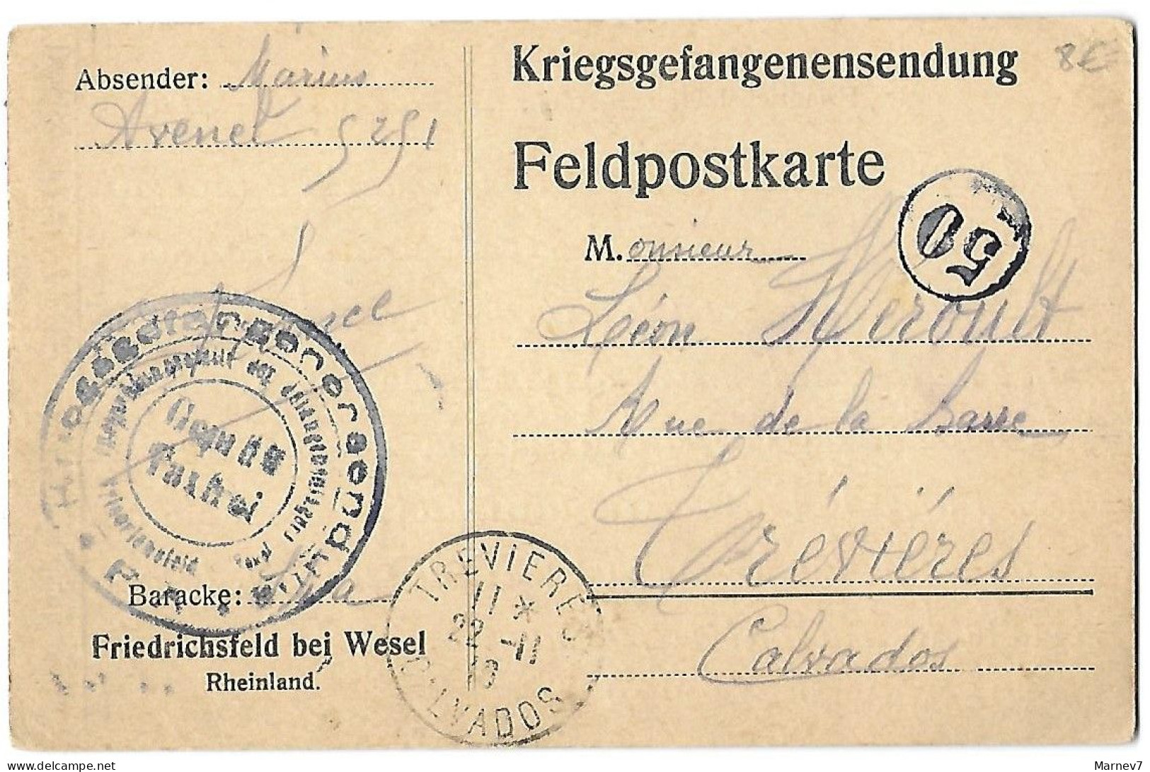 Carte Postale Camp De Prisonniers FRIEDRICHSFELD Bei WESEL 22 II 1916 Pour TREVIERES Calvados - 50 - - Lettres & Documents