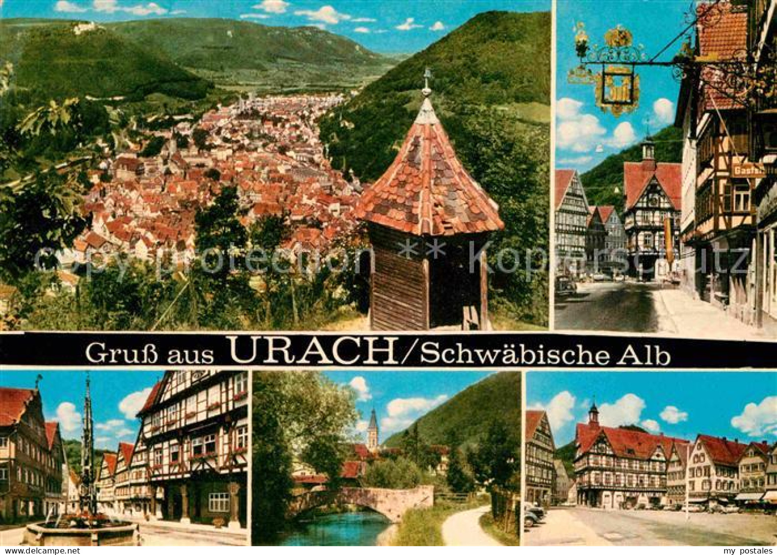 72639669 Bad Urach Panorama Schwaebische Alb Altstadt Fachwerkhaeuser Brunnen Ba - Bad Urach