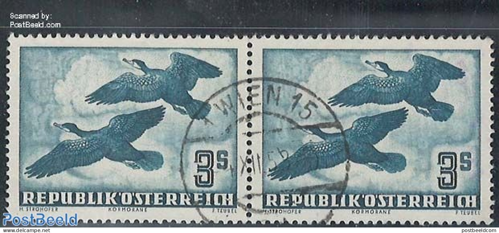 Austria 1953 Bird, 3S, Blue, Used Pair, Used Stamps, Nature - Birds - Gebruikt