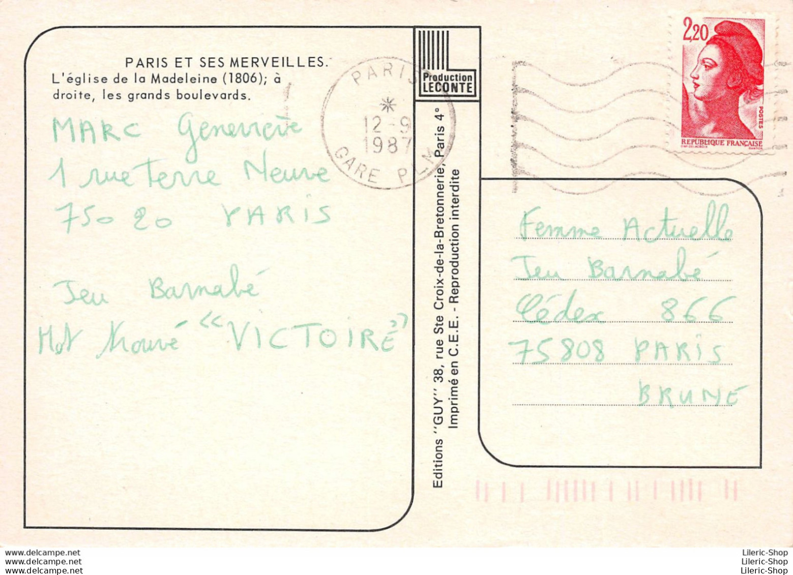 PARIS (75) - CPM 1987 L’Église De La Madeleine - Automobiles - Autocar - Éd. GUY - Eglises
