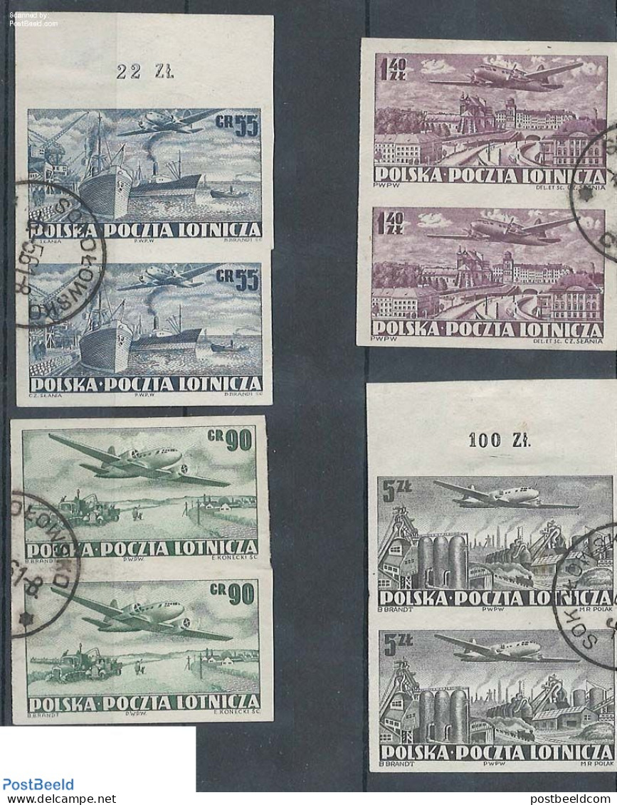 Poland 1952 Airmail 4 Used Pairs, Used, Transport - Aircraft & Aviation - Ships And Boats - Used Stamps