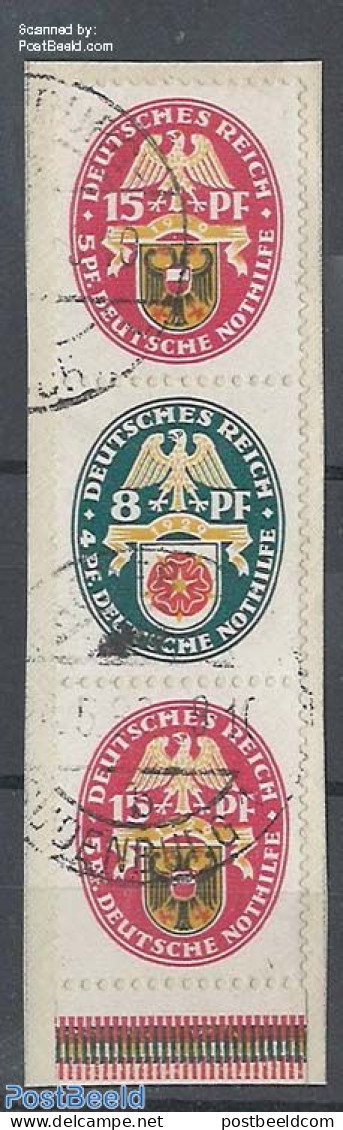 Germany, Empire 1929 Welfare, 15Pf+8Pf+15Pf Vertical Strip, Used On Piece Of Letter, Used, History - Coat Of Arms - Se-Tenant