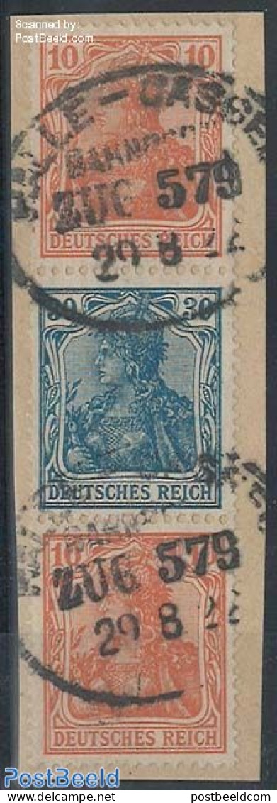 Germany, Empire 1921 Germania, 10Pf+30Pf+10Pf Vertical Strip, Used On Piece Of Letter, Used - Se-Tenant