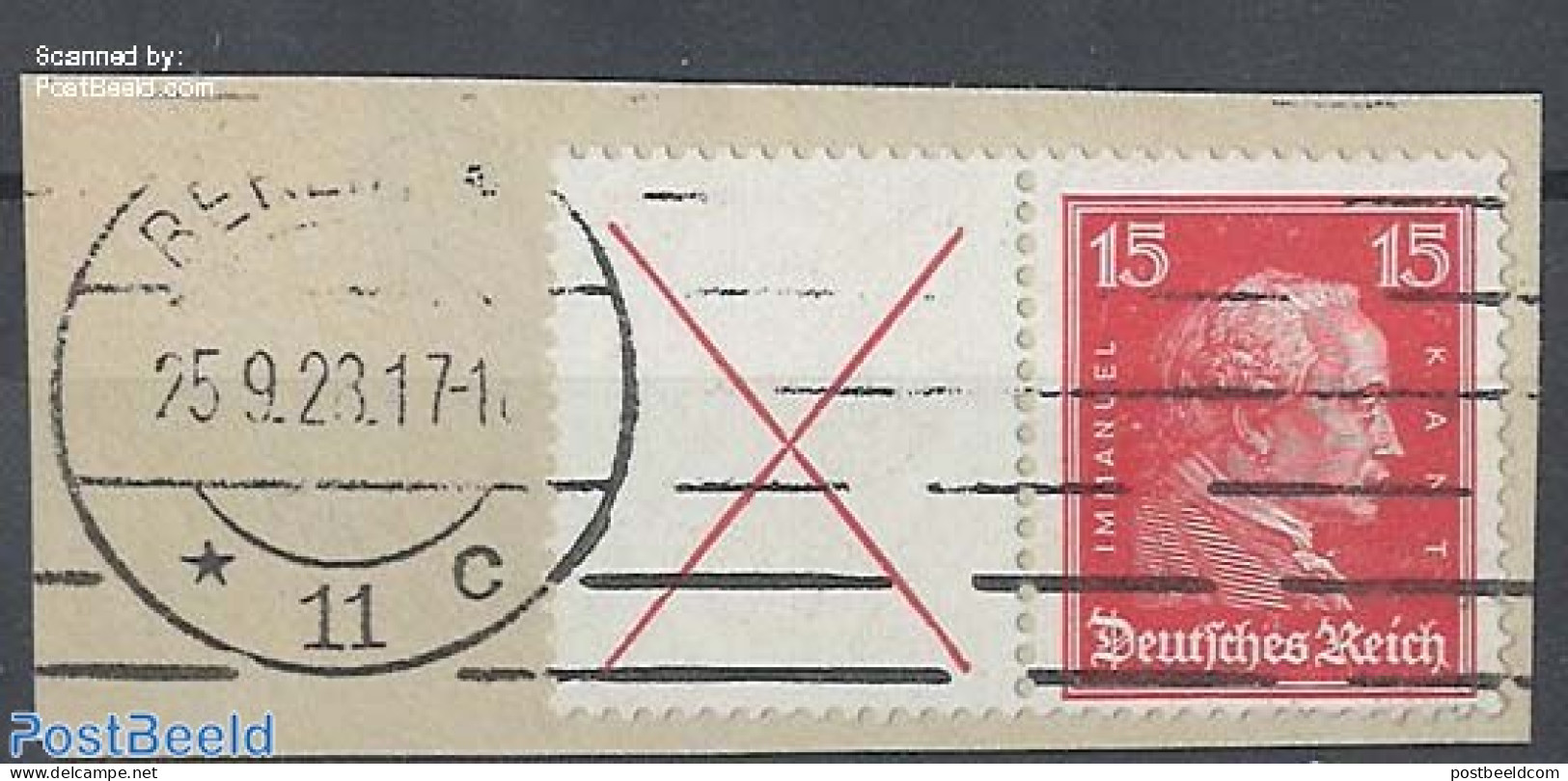 Germany, Empire 1927 Beethoven/Kant, Tab+15Pf Horizontal Pair, Used On Piece Of Letter, Used - Se-Tenant