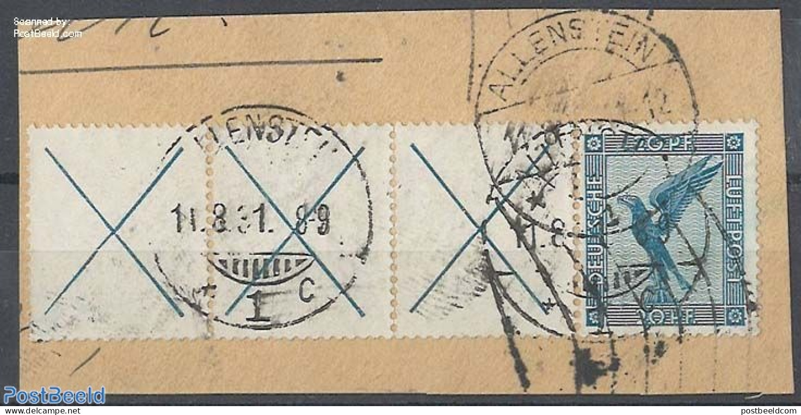 Germany, Empire 1930 Airmail, 3xtab+20Pf Horizontal Strip, Used On Piece Of Letter, Used, Nature - Birds - Se-Tenant