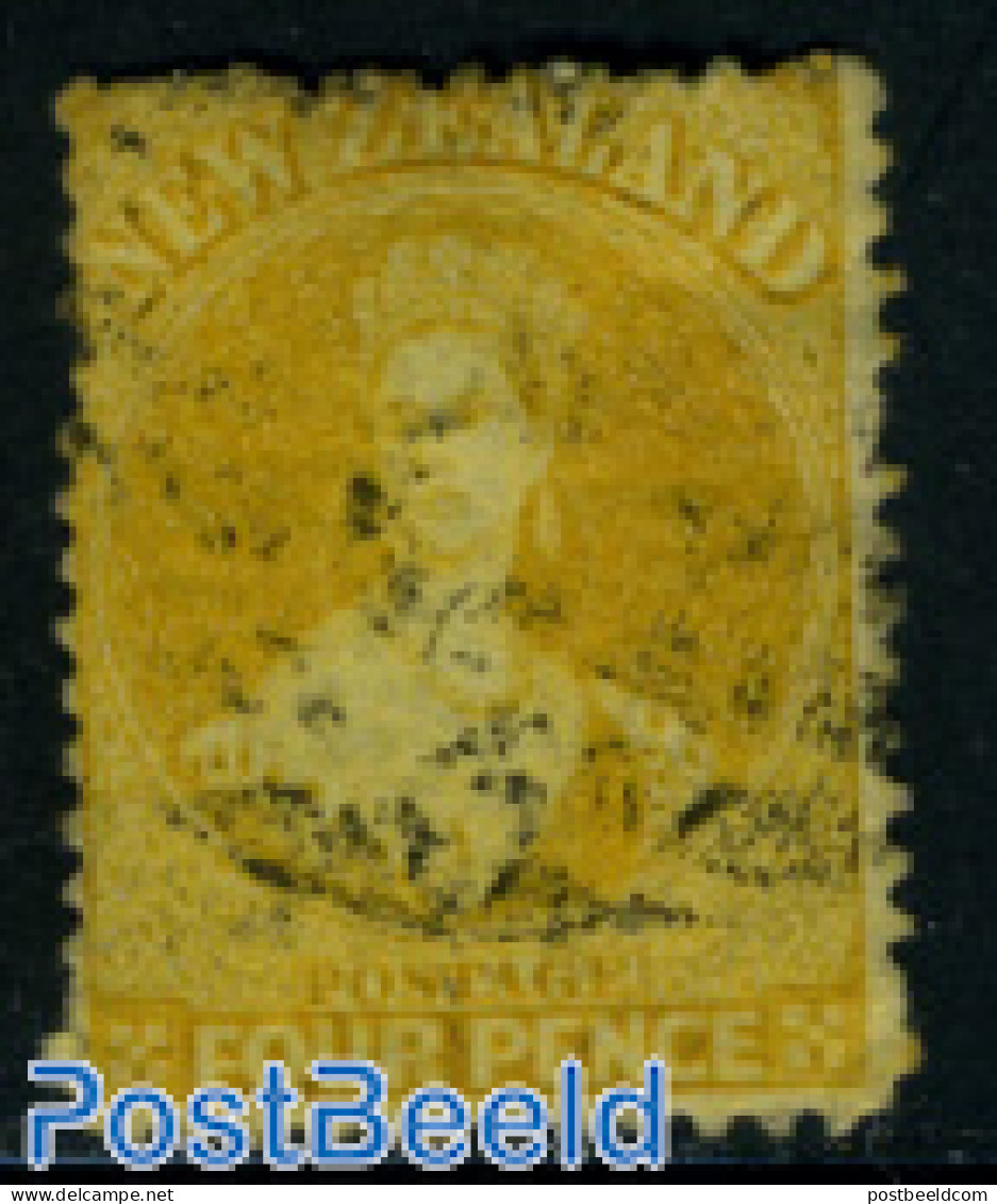 New Zealand 1864 4P Yellow, Used, Used Stamps - Gebruikt