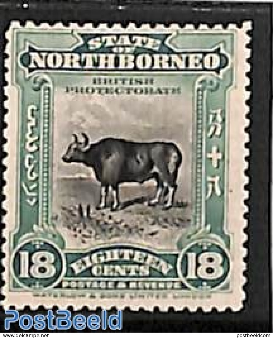 North Borneo 1909 18c, Stamp Out Of Set, Unused (hinged), Nature - Animals (others & Mixed) - Cattle - Wild Mammals - Noord Borneo (...-1963)