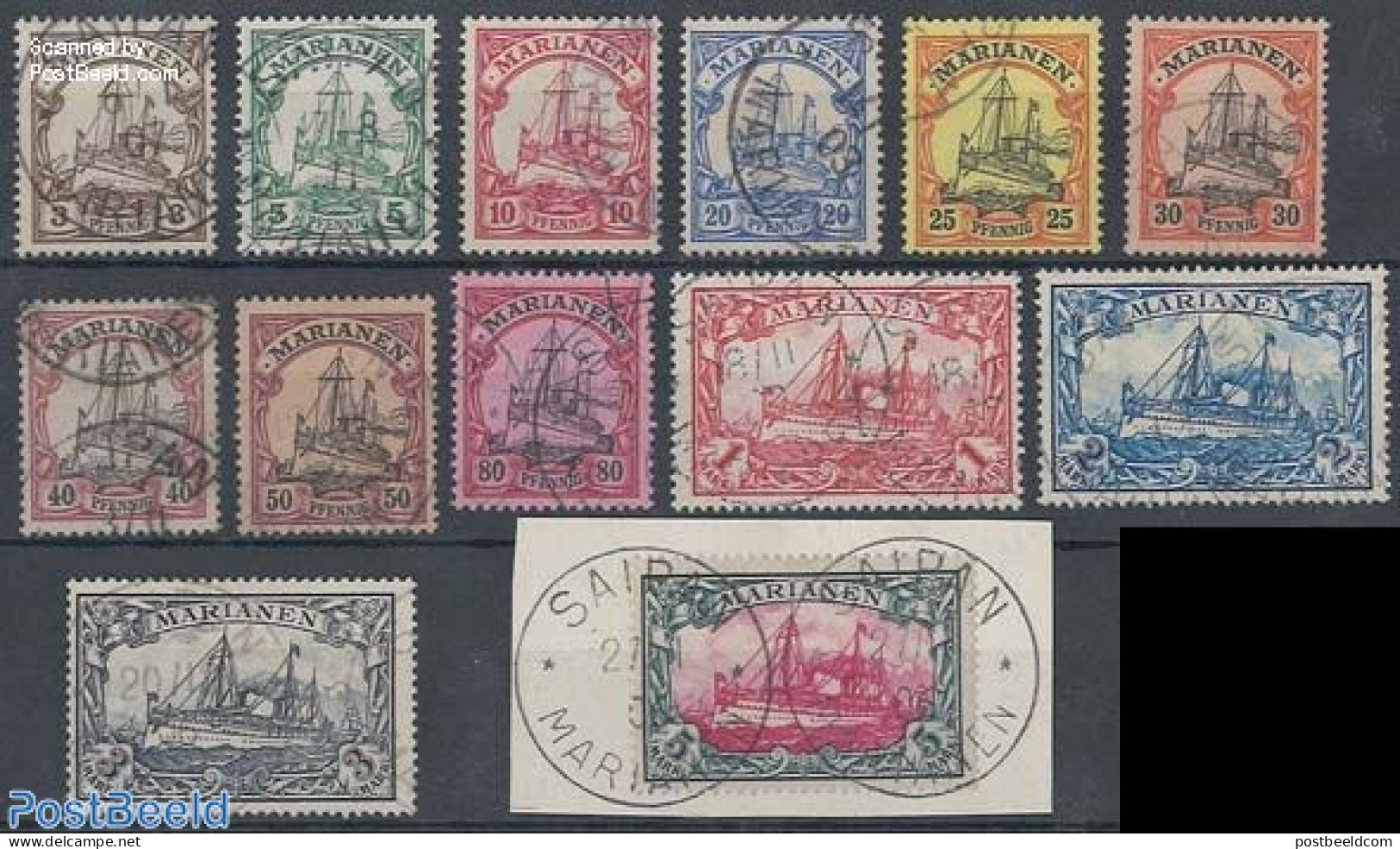 Germany, Colonies 1901 Marianen, Definitives 13v Used, 5M Value On Piece Of Letter, Signed, Used, Transport - Ships An.. - Boten