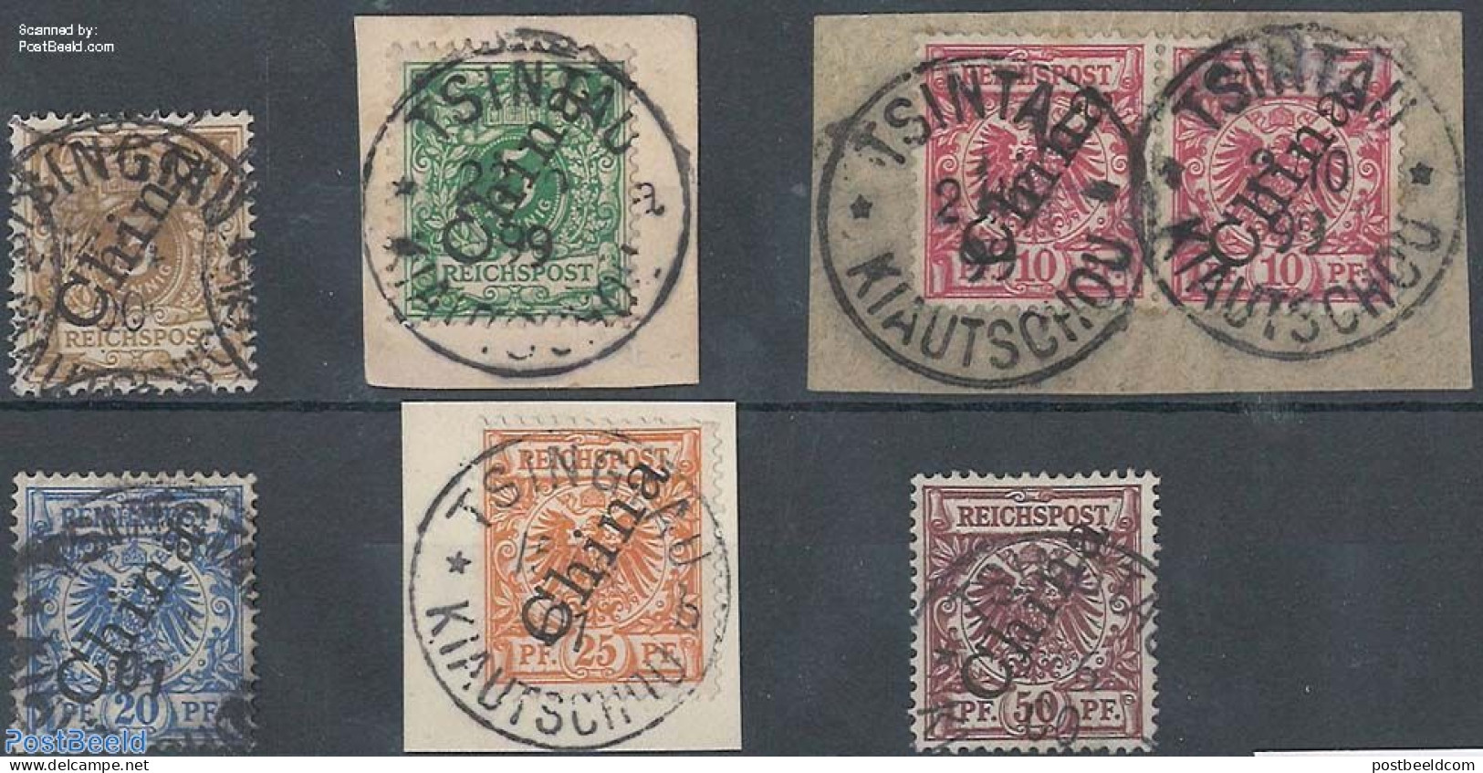 Germany, Colonies 1898 German Post In China 6v, Used In Tsingtau (Kiautschou), 3v On Piece Of Letter, 10Pf In Pair, Si.. - Other & Unclassified