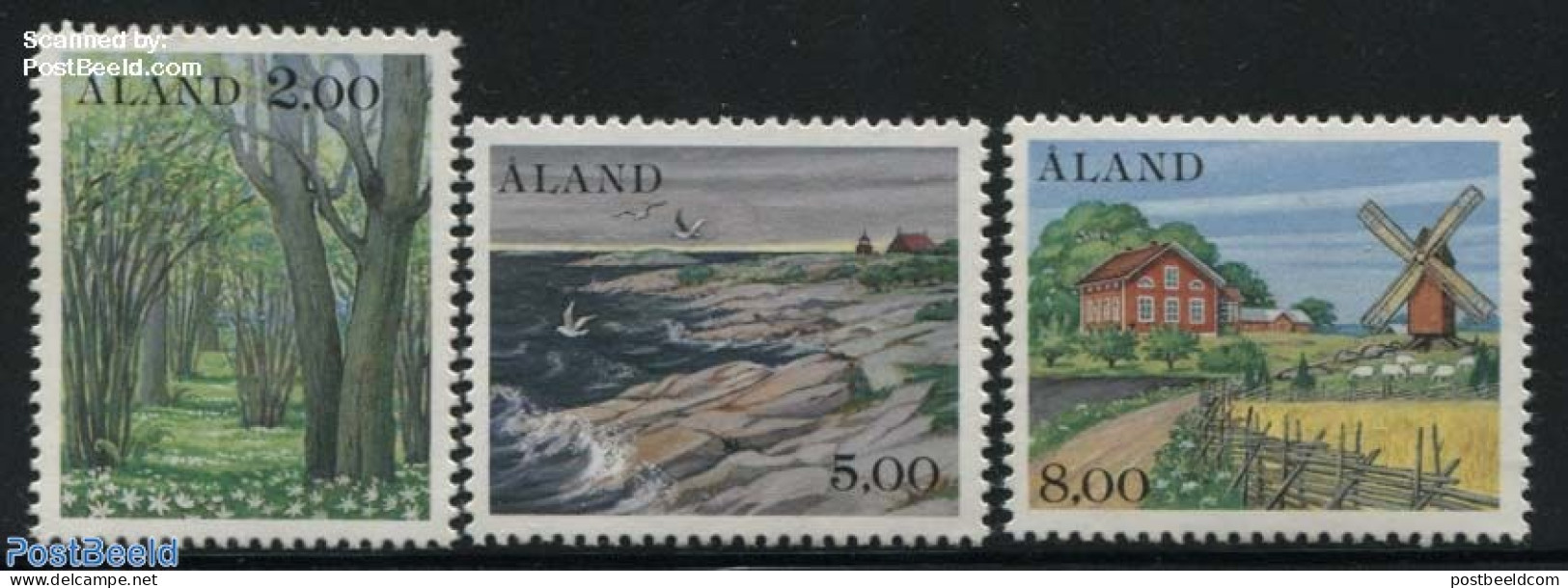 Aland 1985 Country Views 3v, Mint NH, Nature - Various - Birds - Trees & Forests - Lighthouses & Safety At Sea - Mills.. - Rotary, Lions Club