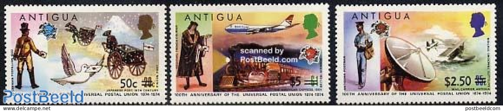 Antigua & Barbuda 1975 UPU Overprints 3v, Mint NH, Transport - Post - U.P.U. - Aircraft & Aviation - Railways - Poste