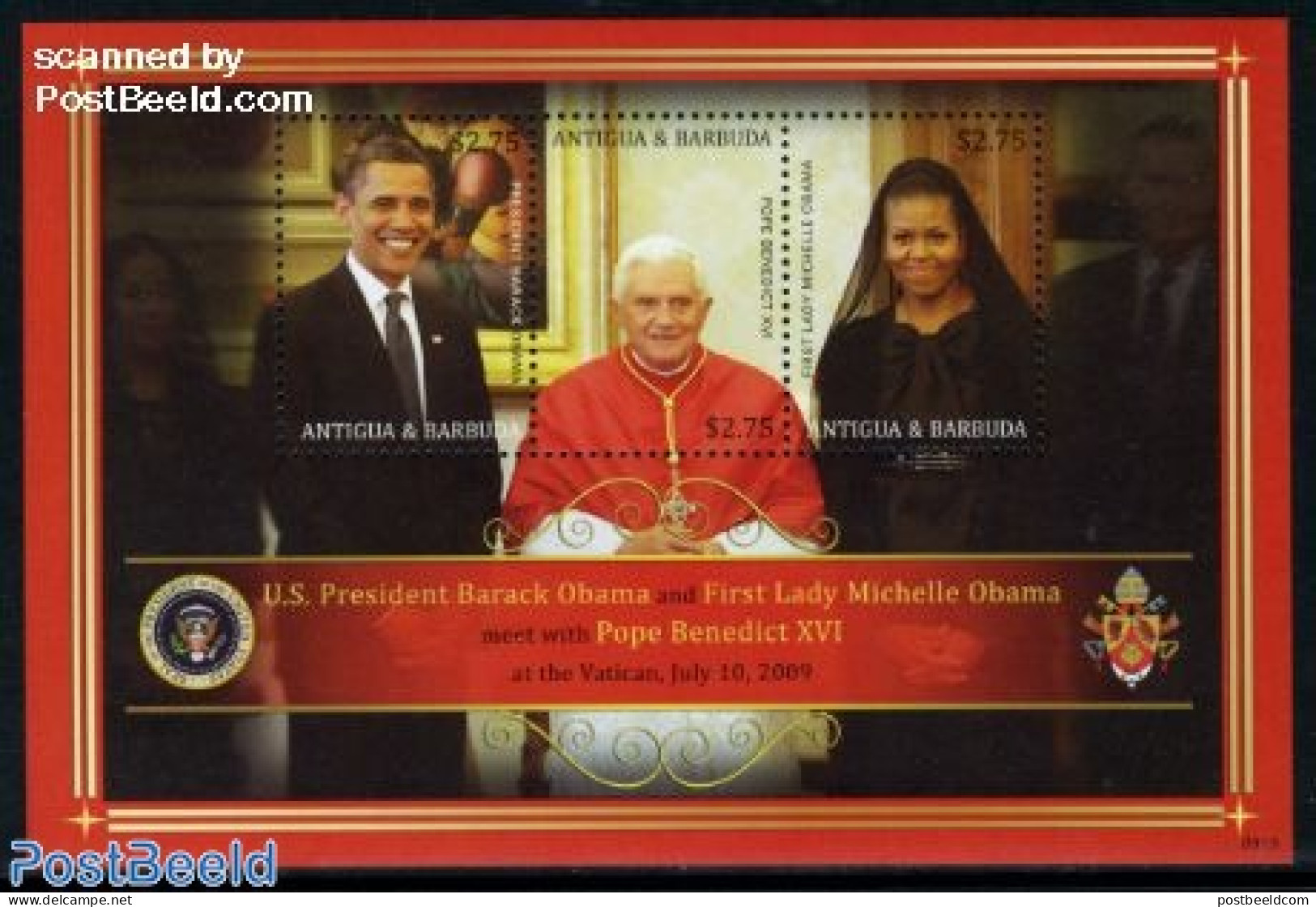 Antigua & Barbuda 2009 Pope & Obama Meeting 3v M/s, Mint NH, History - Religion - American Presidents - Pope - Papas