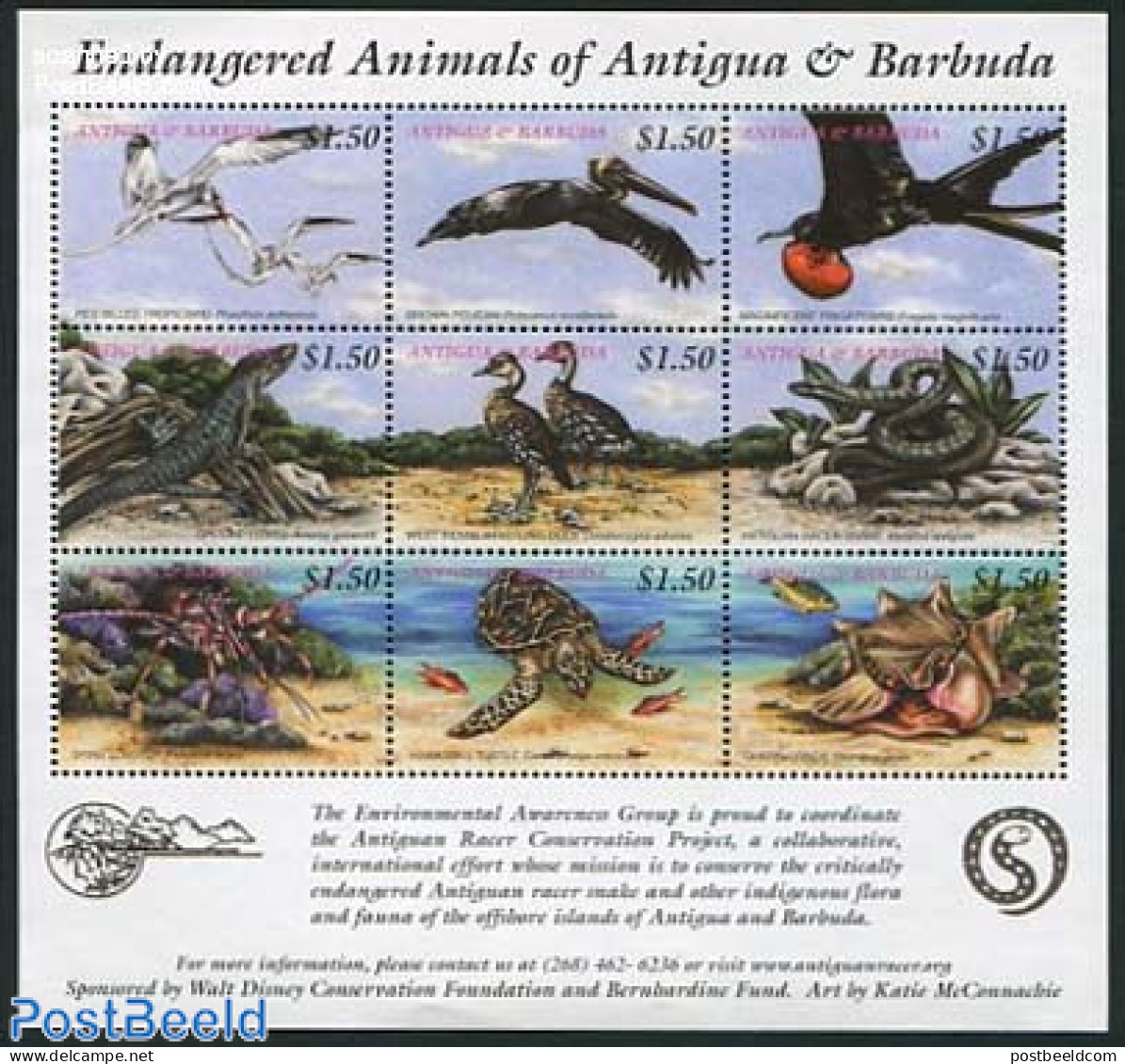 Antigua & Barbuda 2002 Endangered Animals 9v M/s, Mint NH, Nature - Animals (others & Mixed) - Birds - Reptiles - Turt.. - Antigua And Barbuda (1981-...)