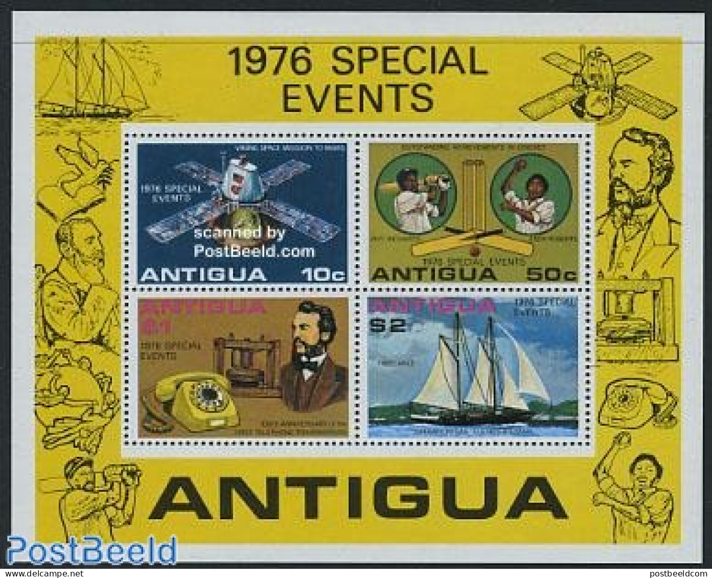 Antigua & Barbuda 1976 Mixed Issue S/s, Mint NH, Science - Sport - Transport - Telecommunication - Telephones - Cricke.. - Télécom