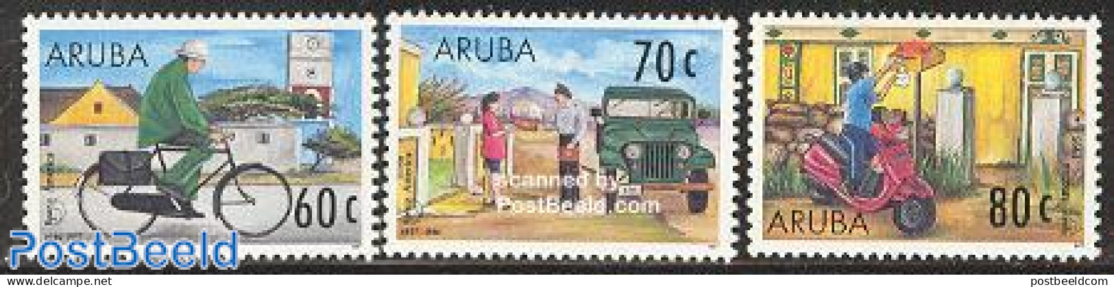 Aruba 1997 UPAEP 3v, Mint NH, Sport - Transport - Cycling - Post - U.P.A.E. - Automobiles - Motorcycles - Cyclisme